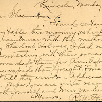 Handwritten postcard from Robert H. Wolcott to Frank H. Shoemaker, "Found certain articles under my table this morning, which, during my acquaintance with the methods employed by Sherlock Holmes..."