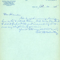 Handwritten letter, 1 page, from Robert H. Wolcott to Frank H. Shoemaker, "Will be up this evening, leaning here on the 6 o'clock train. Tell Miss Van Sant I didn't find out will just now and try to excuse my..."
