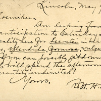Handwritten postcard from Robert H. Wolcott to Frank H. Shoemaker, "Am looking foward with greatest anticipation to Saturday + Sunday."
