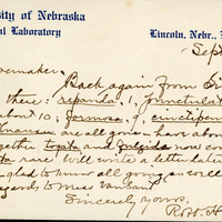 Handwritten letter, 1 page, from Robert H. Wolcott to Frank H. Shoemaker, "Back again from Sioux Co. my catch there:..."