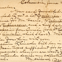 Handwritten postcard from Robert H. Wolcott to Frank H. Shoemaker, "Your card forwarded and I shall be glad to get a lot of celeripes. I should like to secure for Mr. Harris..."