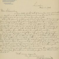 Handwritten letter, 1 page, from Robert H. Wolcott to Frank H. Shoemaker, "Your letter of the 26th of November was recieved in due time and had intended answering at once but a number of things crowding on me at once have prevented."