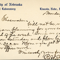 Handwritten letter, 1 page, from Robert H. Wolcott to Frank H. Shoemaker, "Will not be up after all. But am planning for your coming at the end of the week."