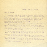 Typewritten letter, 1 page, from Frank H. Shoemaker to Robert H. Wolcott, "I think I shall be able to get away on the early train next Saturday afternoon, but as I may be detained until the later train you had better not plan to meet me; I shall try to curb my appetites and reach your residence in presentable condition, but of course I can't promise absolutely."