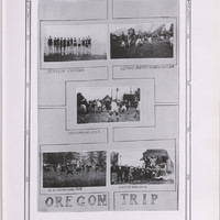 Yearbook page with photographs taken of football players during the trip to Portland, Oregon to play the Oregon Aggies.