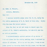 Typewritten letter, 1 page, from Frank H. Shoemaker to Robert H. Wolcott, "I enclose herewith money order for $1.00, being fee for active membership of E.H. Scott of this city. Kindly file his name for proper action."