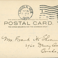 Typewritten postcard from Robert H. Wolcott to Frank H. Shoemaker, "The next meeting of the Nebraska Academy of ciences will be held at the State University, Jan. 27 and 28, 1905."